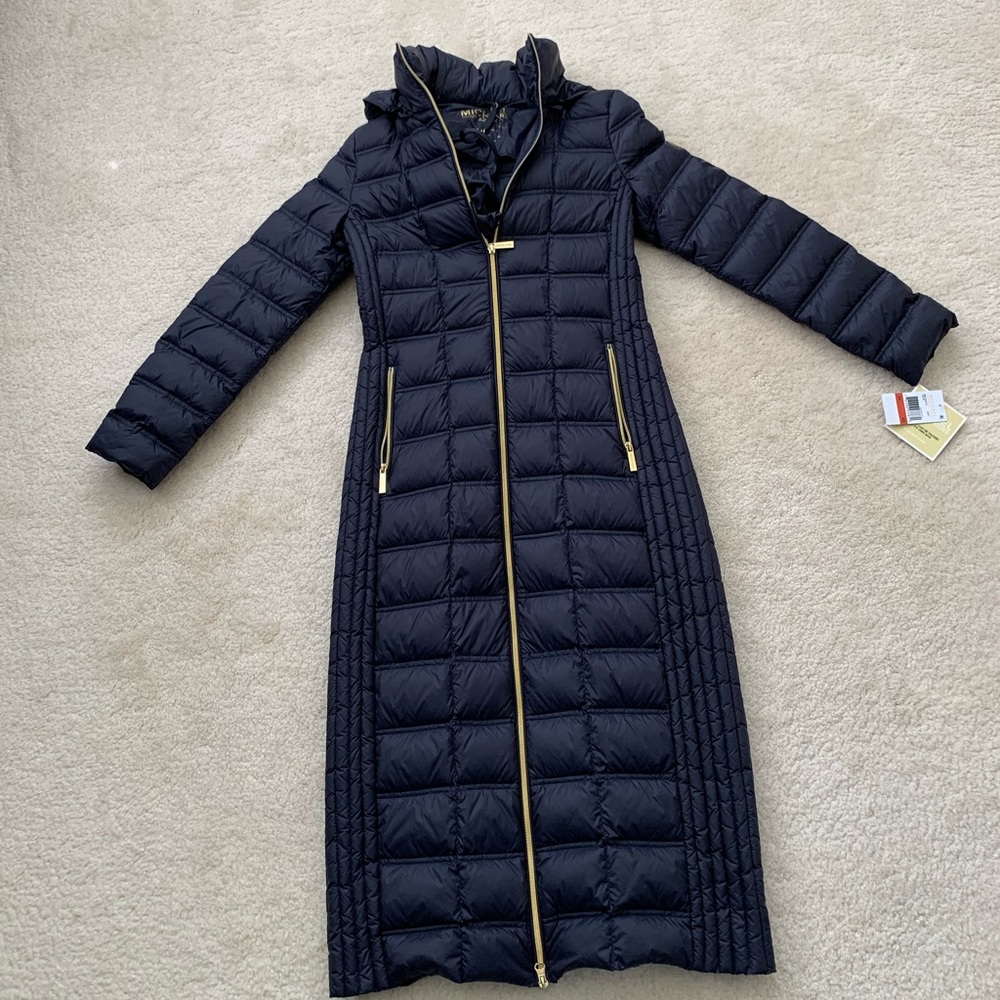 Michael Kors Navy Long Puffer Coat w/ Hood